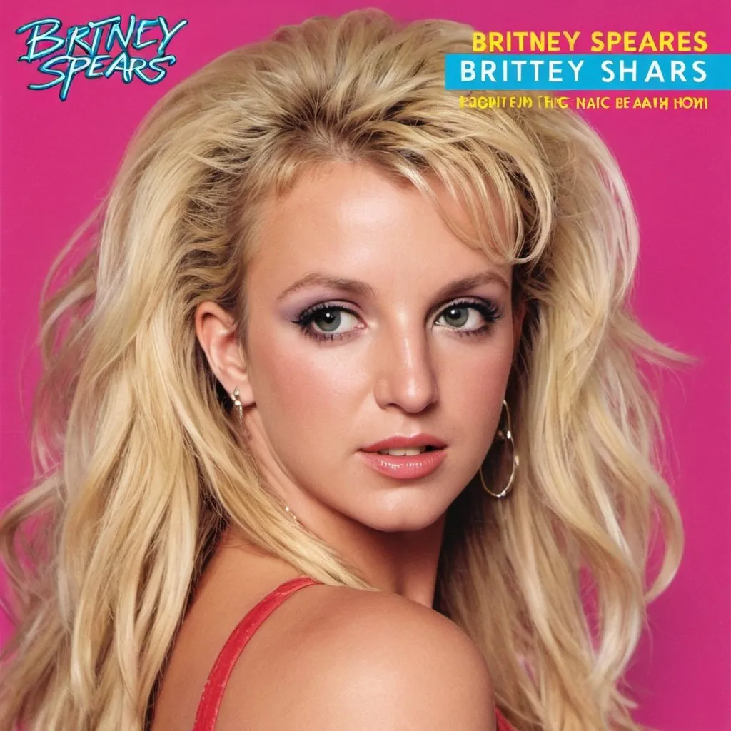 Prompt: An 80s style album cover for a Britney Spears album with Britney wearing 80s permed hair, makeup and fashion. Her name should be in the top left corner 