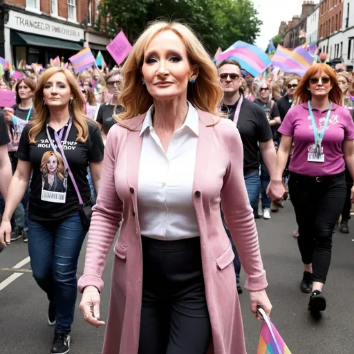 Prompt: JK Rowling marching in a transgender pride parade 