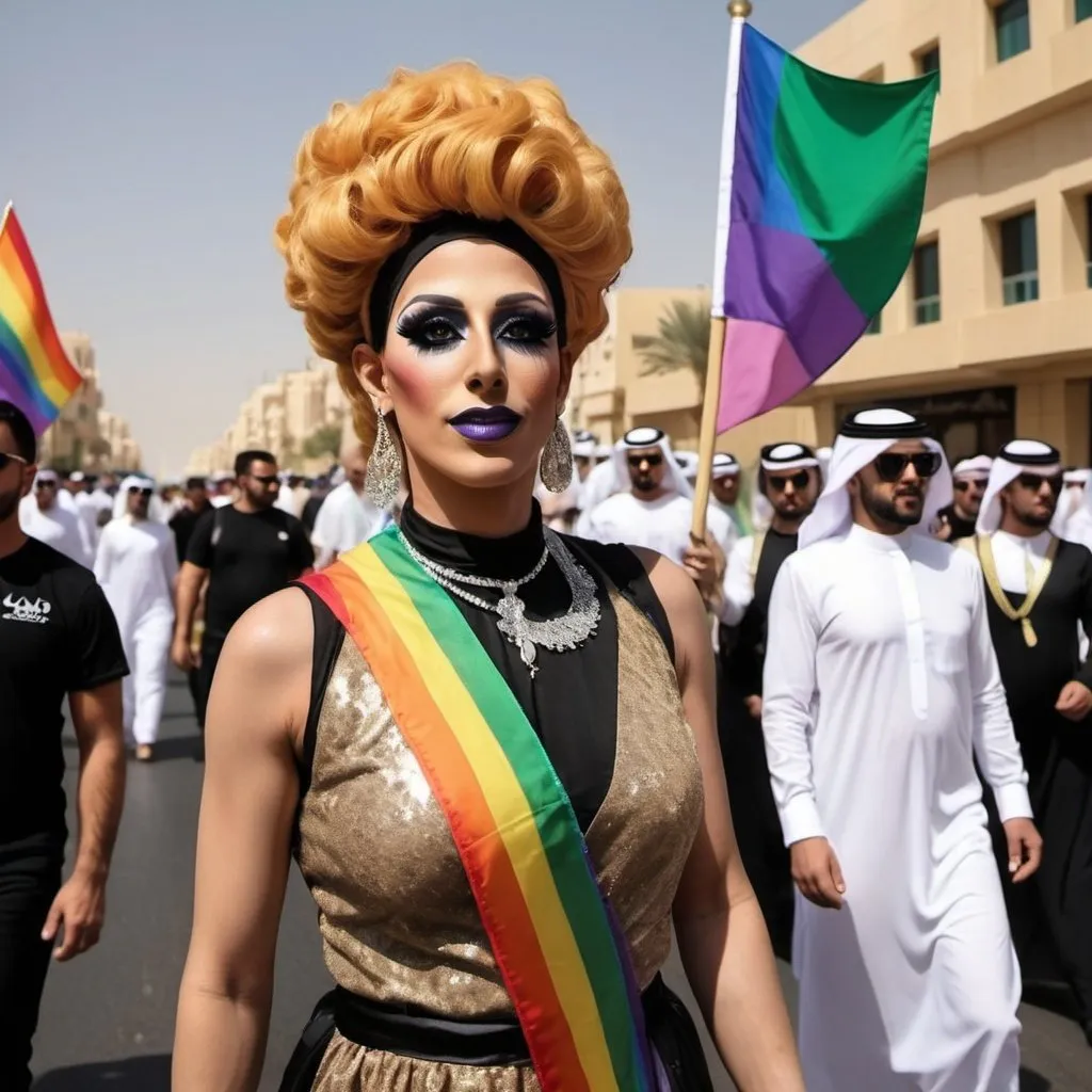 Prompt: LGBT pride parade in riyadh including drag queens, traditional garb, flags for and gay and trans, photo