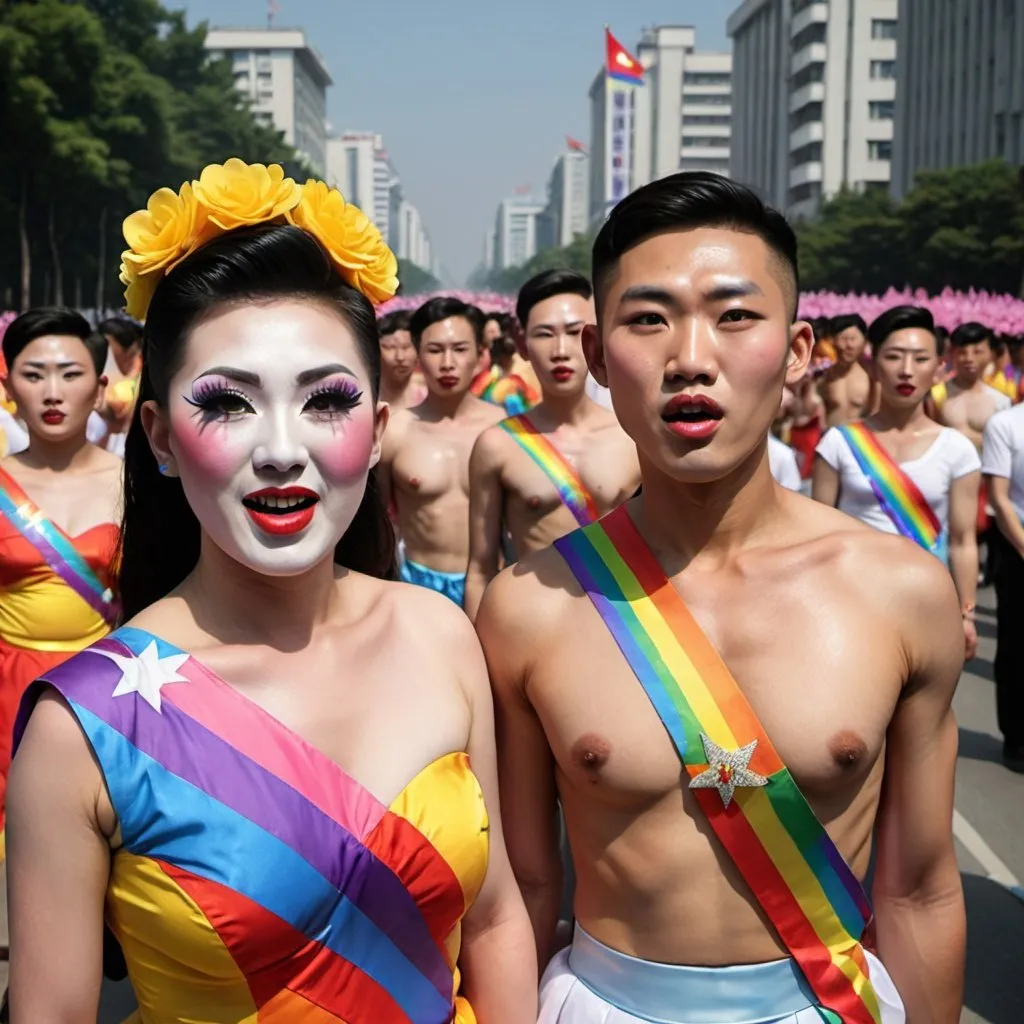 Prompt: LGBT pride parade in Pyongyang including drag queens, flags for north Korea and gay and trans, photo