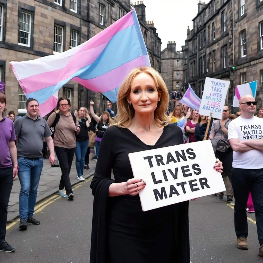Prompt: JK Rowling at a transgender rights protest in Edinburgh holding a transgender flag and a sign saying "trans lives matter", photo