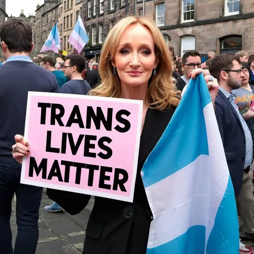Prompt: JK Rowling at a transgender rights protest in Edinburgh holding a transgender flag and a sign saying "trans lives matter", photo