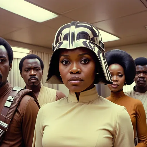 Prompt: Nollywood Star Wars remake, 70s style film stock, movie screenshot 