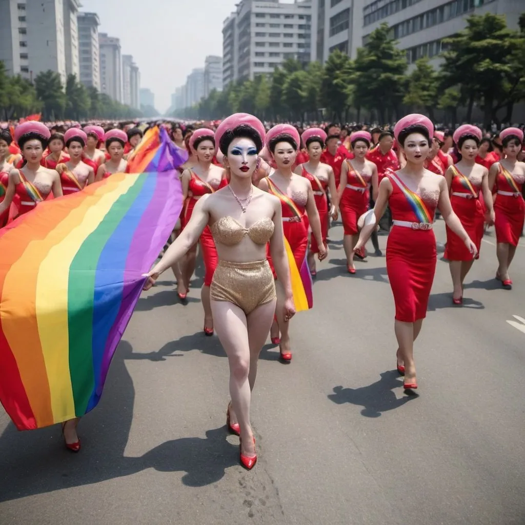 Prompt: LGBT pride parade in Pyongyang including drag queens, flags for north Korea and gay and trans, photo