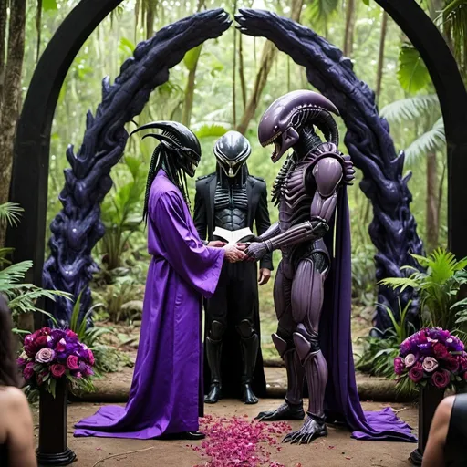 Prompt: Xenomorph and Predator gay wedding in the jungle, photo at the altar with a Xenomorph in purple robes officiating 