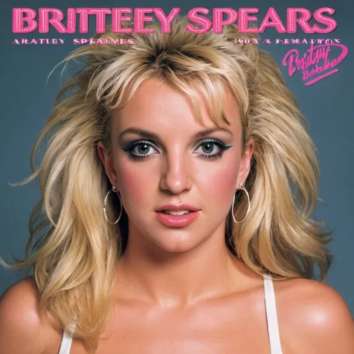 Prompt: An 80s style album cover for a Britney Spears album with Britney wearing 80s permed hair, makeup and fashion. Her name should be in the top left corner 