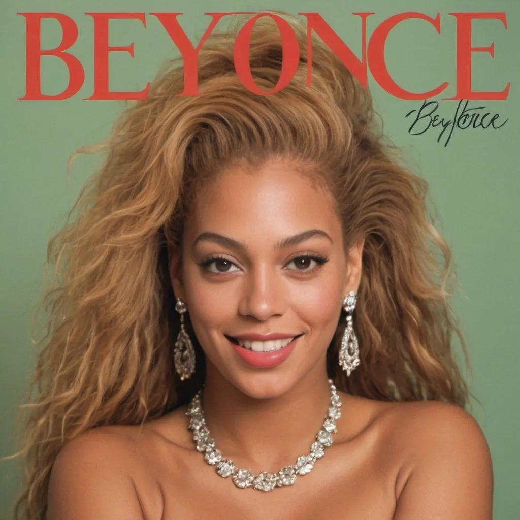 Prompt: An 80s album cover for Beyonce with her name in handwritten font, she has bright makeup and permed hair with retro jewelry 