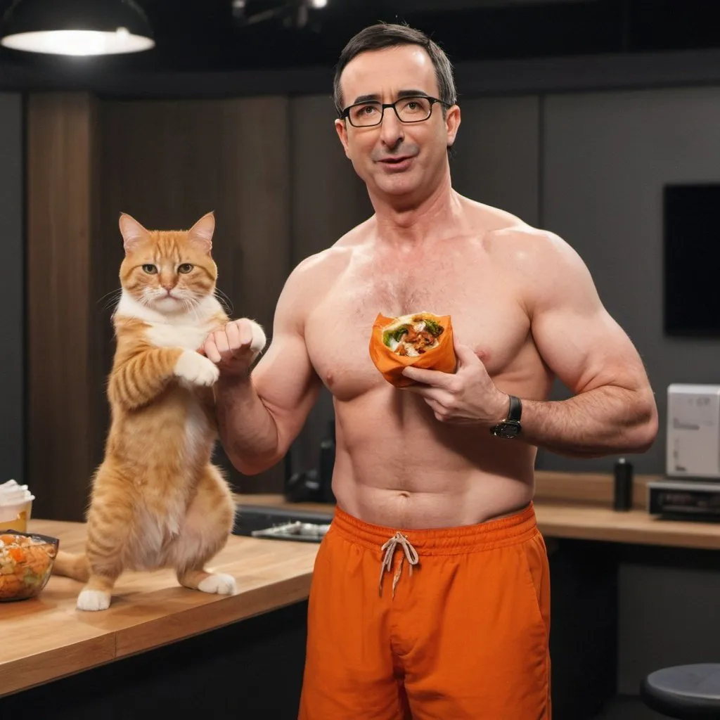 Prompt: Muscular John Oliver holding an orange cat and eating a shawarma wrap on the set of his tv show