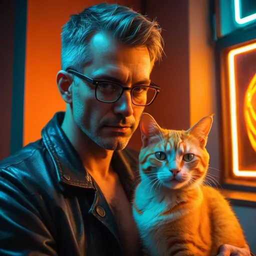Prompt: Hot clean shaven dilf with glasses petting an orange cat in an apartment with neon light outside. Cyberpunk look.