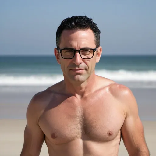 Prompt: Hot middle aged Jewish man in glasses with black hair and a clean shaven face posing on the beach wearing a black speedo