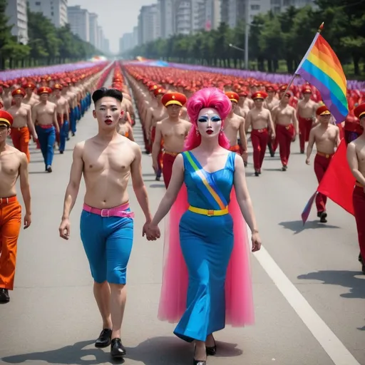 Prompt: LGBT pride parade in Pyongyang including drag queens, flags for north Korea and gay and trans, photo