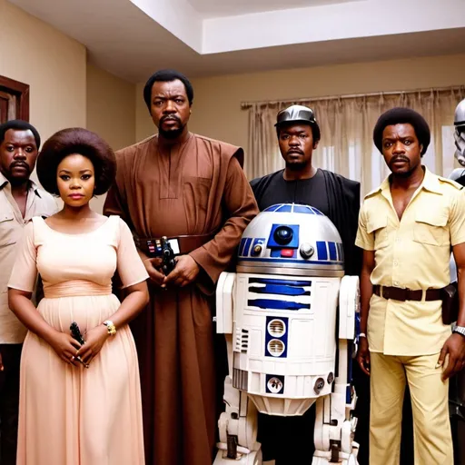 Prompt: Nollywood Star Wars remake 70s screenshot 