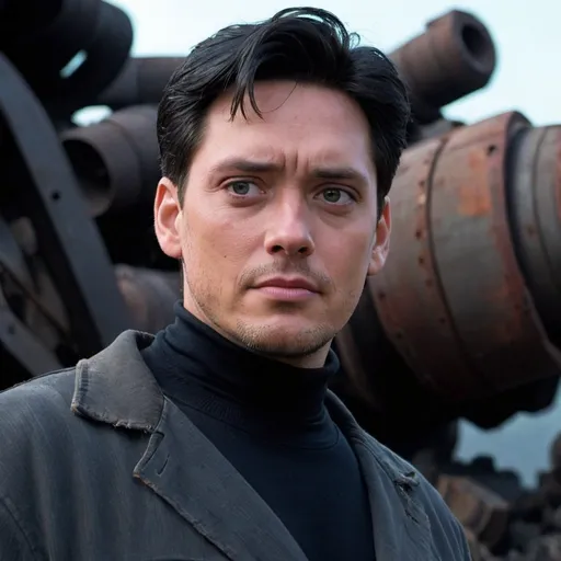 Prompt: Live action Dean from the Iron Giant, man in his late 30s with black hair and a soul patch wearing a black turtleneck, junkyard background 