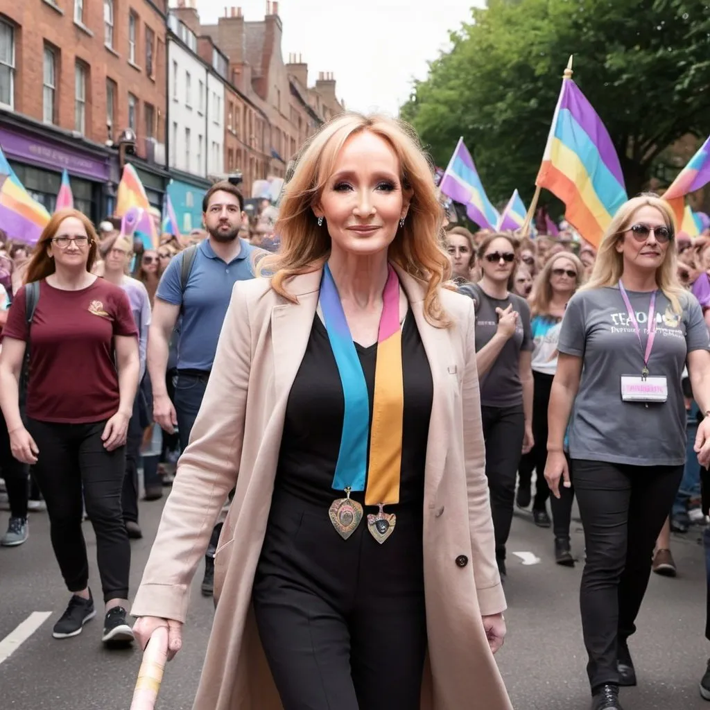 Prompt: JK Rowling marching in a transgender pride parade 