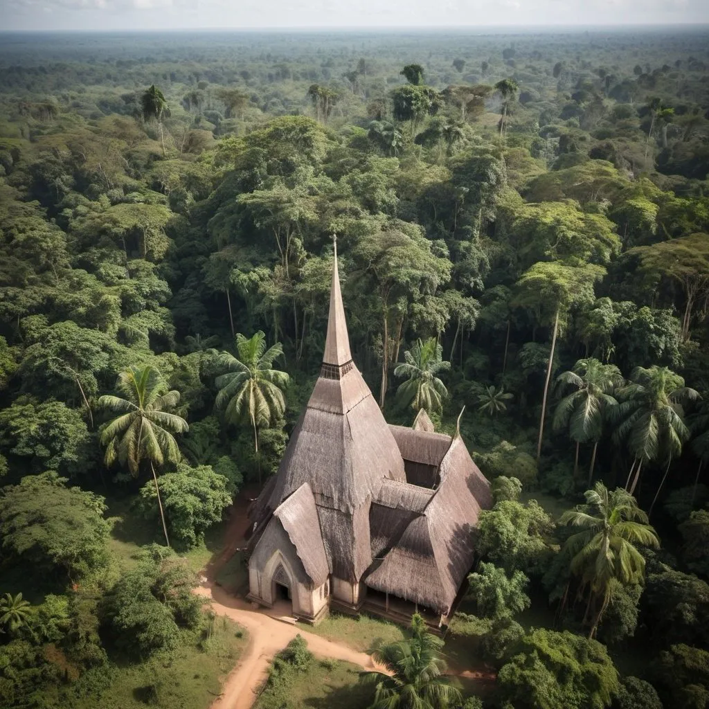 Prompt: Gothic cathedral with thatch roof in the Congolese jungle 