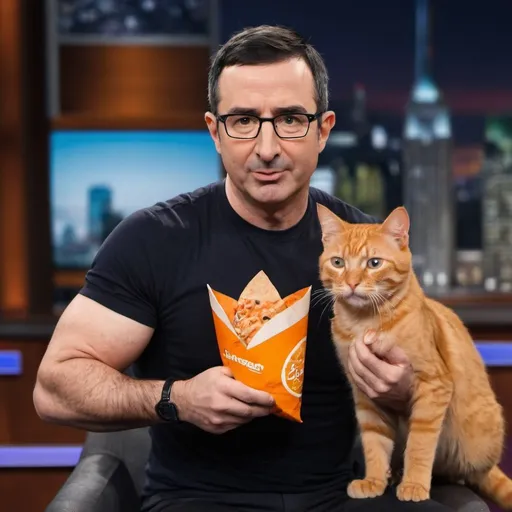 Prompt: Muscular John Oliver holding an orange cat and eating a shawarma wrap on the set of his tv show