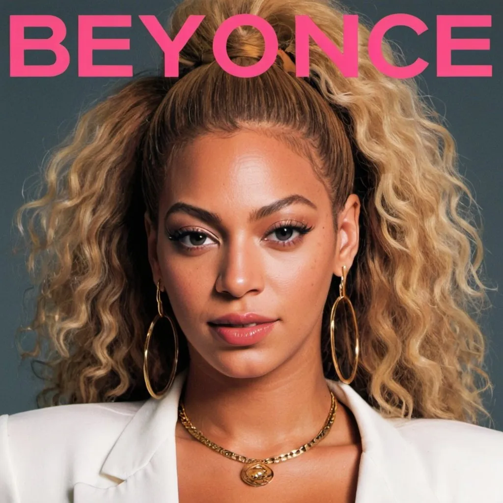 Prompt: 80s style album cover for Beyonce with her name in handwritten font in the top left corner. She has 80s style makeup and permed hair with hoop earrings 