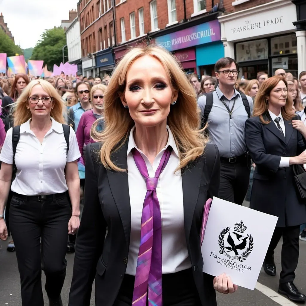Prompt: JK Rowling marching in a transgender pride parade 