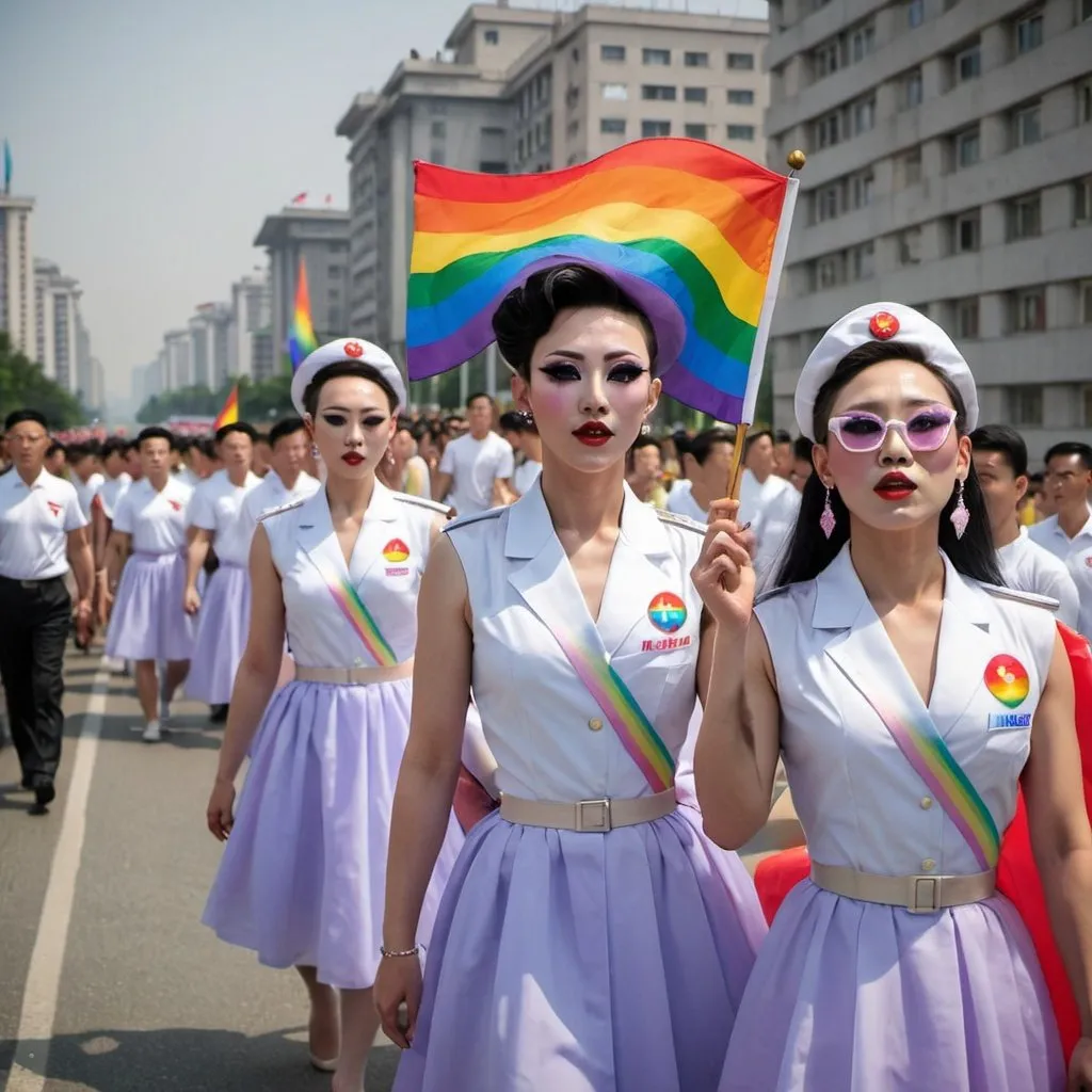 Prompt: LGBT pride parade in Pyongyang including drag queens, flags for north Korea and gay and trans, photo