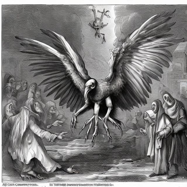 Prompt: A horrible and terrifying bird torturing the people who sinned in hell