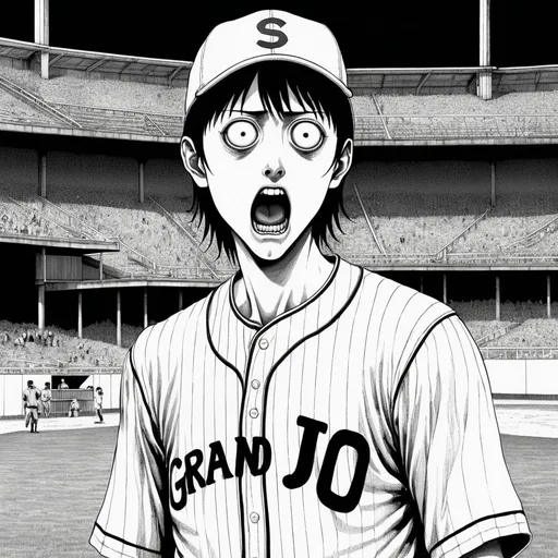 Prompt: Junji Ito manga style, shocked pitcher, grand slam, baseball game