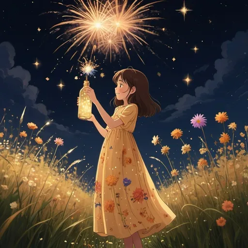 Prompt: A young cheerful girl in a long flowery dress holding a glowing bottle of star, another hand holding flowers standing under the dark sky with shooting stars and firework, around a blooming and flower grass field, studio ghibli, dreamy, light gold and amber tone