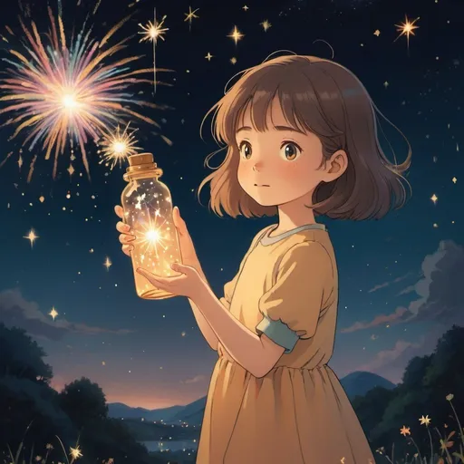 Prompt: A young girl holding a glowing bottle of star standing under the dark sky with shooting stars, studio ghibli, dreamy, colourful, pastel colour, light gold and amber tone, blooming and pastels, fireworks