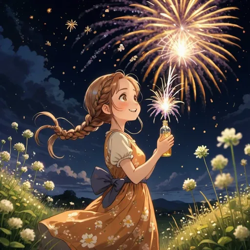 Prompt: Young cheerful girl with braid, long flowery dress, glowing bottle of star, clover white flowers, dark sky with shooting stars, fireworks, blooming flower grass field, Studio Ghibli, dreamy, warm amber tones, detailed eyes, professional, atmospheric lighting, highres, beautiful, magical, whimsical, enchanting, fantasy, anime, detailed, high quality, dreamlike, gold tones, firework display, magical lighting