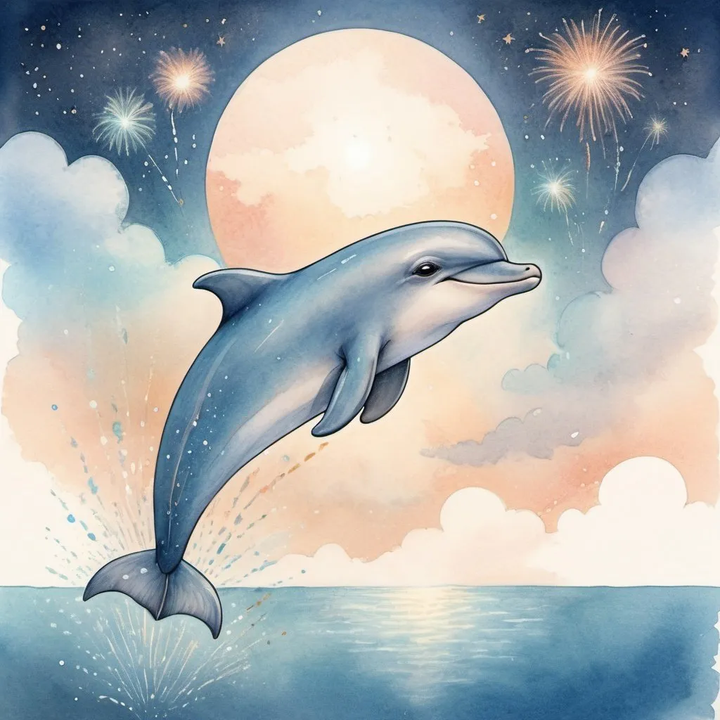 Prompt: a flying dolphin in the sky, sky is dreamy with soft colours, detailed, water, opal, crystal clear, crystal, moonlight, soft and earth tone scheme, light and soft background colour, storybook illustration, crayon and pencil style, colour difference, water colour with pencil, minimalism composition, grained texture, fireworks
