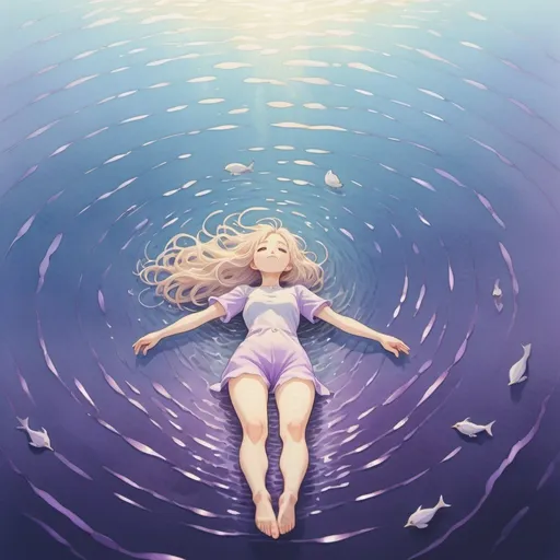 Prompt: girl drowning under the middle of the deep ocean, beige hair, soft purple tone, highly detailed, high res, full body, style of Studio Ghibli anime, top view perspective, softly luminous, gentle breeze, aerial view, movie shot, ultra fine detail, minimalism, dreamy, bird view, professional, dreamlike, magical, pastel, golden, organic flowing lines, pointillism, dreamlike colour, vast landscape, watercolour