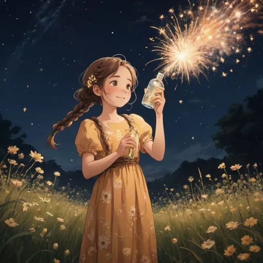 Prompt: A young cheerful girl with braid, in a long flowery dress holding a glowing bottle of star, another hand holding white flowers, standing under the dark sky with shooting stars and firework, around a blooming and flower grass field, studio ghibli, dreamy, light gold and amber tone