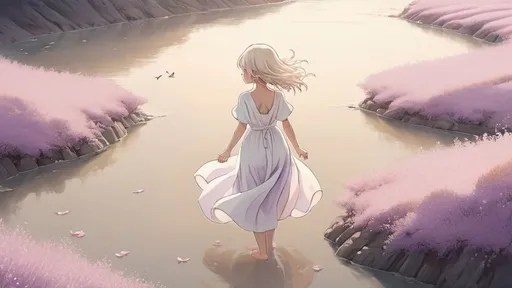 Prompt: girl in white dress drowning, beige hair, soft purple tone, character shimmering, glowing light, highly detailed, full body, style of Studio Ghibli anime, Japanese anime, top view perspective, softly luminous, gentle breeze, aerial view, movie shot, ultra fine detail, minimalism, dreamy, bird’s eye view, professional, dreamlike, magical, pastel, golden, organic flowing lines, dreamlike colour, vast landscape, watercolour, sakura patels, fairytale, 