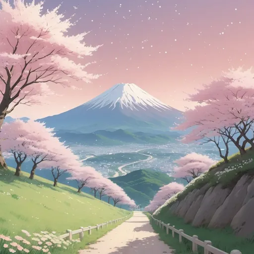 Prompt: spring day, a path on the mountain surrounded by linear pastel light pink and flowers, Sakura trees, white trees, minimalism, zen, earthy tone palette, perspective is looking down from the sky, quiet and peaceful, minimalistic landscape, grained texture, summer night with stars, vast view, style of anime illustration, fireworks, shooting star, golden stars, sunset, studio ghibli anime, dreamy mood, Fujiyama