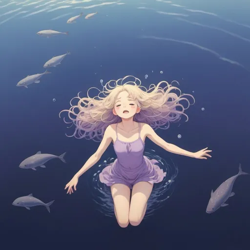 Prompt: girl drowning under the middle of the deep ocean, beige hair, soft purple tone, highly detailed, high res, full body, style of Studio Ghibli anime, top view perspective, softly luminous, gentle breeze, aerial view, movie shot, ultra fine detail, minimalism, dreamy, bird view, professional, dreamlike, magical, pastel, golden, organic flowing lines, pointillism, dreamlike colour, vast landscape