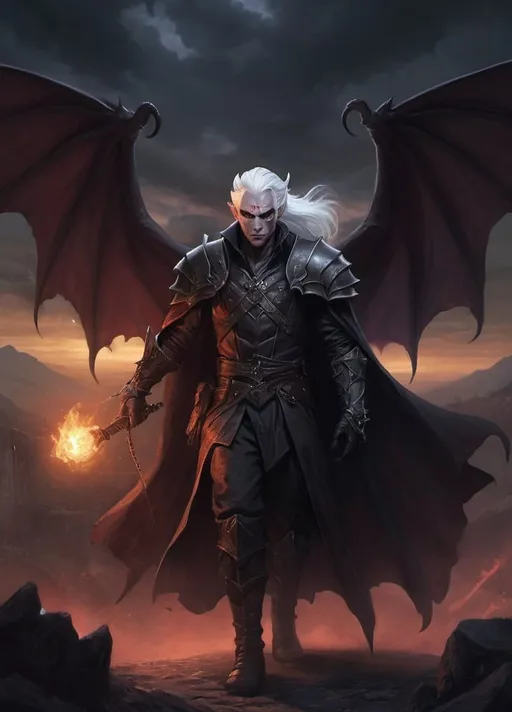 Prompt: A human tiefling with white hair shrouded by twilight, behind him is a light that he is guiding others too. He wear dark armor and his vampire and devil sides show. He is a hero to the people by guiding them to light while he remains in darkness. Epic scene, high fantasy 