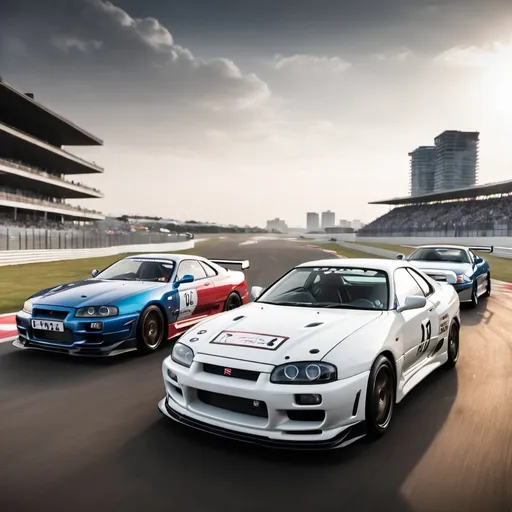 Prompt: The Supra ٌR34 races against Skyline mk4, with legendary racing cars behind them, and they are close to the finish line