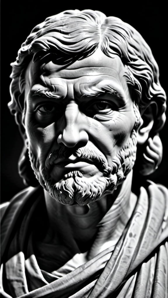 Prompt: a potrait of a stoic seneca in black and white