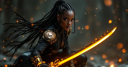 Prompt: A striking black woman exudes confidence, in a crouched ready for battle pose, in a sleek, form-fitting black and gold suit that enhances her powerful pose. Intricate designs intricately thread through the fabric, showcasing a shimmering circular emblem on her shoulder, brilliantly illuminated by soft ambient lighting. Her captivating gaze, accentuated by beautifully braided hair, draws the eye, embodying a harmonious blend of strength and elegance within a dramatic, cinematic atmosphere. She stands in a ready stance with a futuristic katana sword in her hand. her body is glowing with energy powering up for battle. Her braids are out stretched flowing with energy. Her sword has a fiery blade. with glowing particles on a blurred ambient background