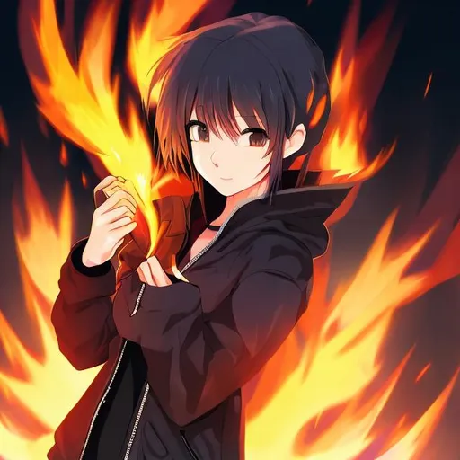 Prompt: anime girl using fire to attack wear black jacket A cup