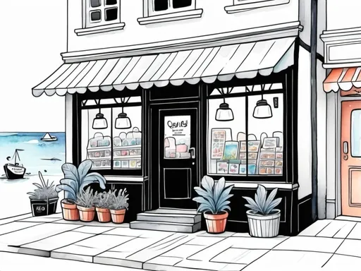 Prompt: Cute cartoon outside a shop, near ocean, watercolor fine line style, cartoon illustration black and white  thin line 
