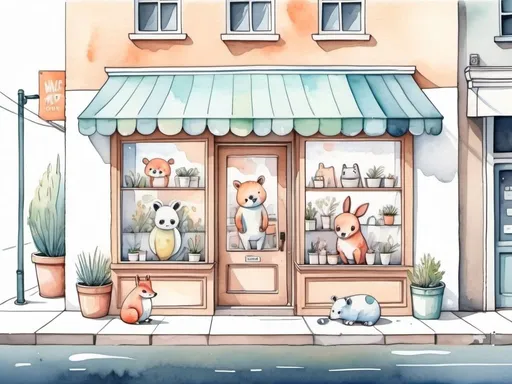 Prompt: Cute cartoon animal outside a urban creative shop, watercolor fine line style 