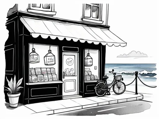 Prompt: Cute cartoon outside a shop, near ocean, watercolor fine line style, cartoon illustration black and white 