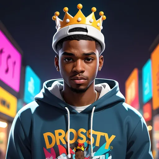 Prompt: A black guy in a hoodie and a crown on his head and anime and his hoodie says DFrosty