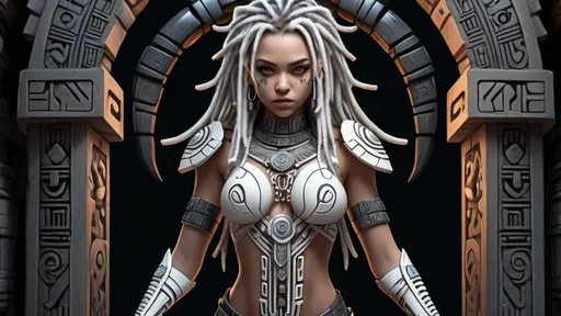 Prompt: Anime style, gorgeous curvy white female with intense gray eyes and gray and white dreadlocks, intricate rune tattoos. She’s wearing a Predator cybernetic suit with large claws. She’s standing in a Aztec archway to a temple. highly detailed, HD, dark background