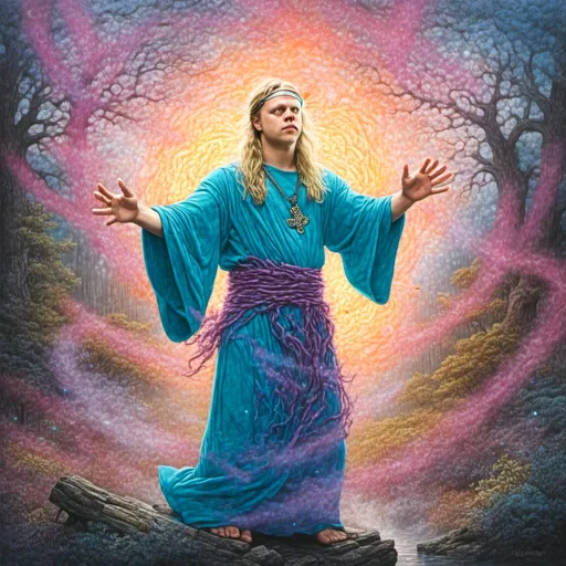 Prompt: <mymodel>(fantasy illustration), (muscular athletic viking wizard), long blond hair, summoning a feminine spirit, vibrant colors, dynamic energy, magical swirls of light, ethereal atmosphere, mystical background with enchanted forests, high level of detail, dramatic lighting, powerful stance, awe-inspiring character design, ultra-detailed, captivating scene.