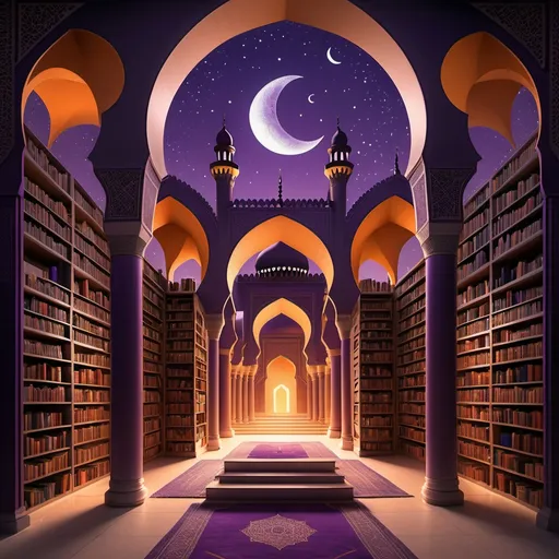 Prompt: Inside library, (large shelves) on both sides, (mashrabiya) prominently featured in the back, (purple to orange gradient) night sky, (crescent moon) glowing softly, (large mosque silhouette) looming majestically, (tranquil atmosphere) radiating wisdom, warm light illuminating texts, intricate architectural details, high-quality design, (ultra-detailed) scene, inviting the viewer to explore and seek knowledge amidst this serene setting.
(Library) Furnished with stacks of book on countless tables.