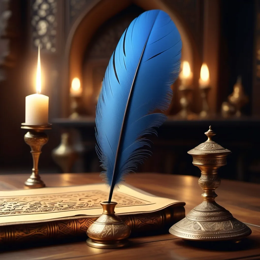 Prompt: (ottoman era) blue quill, leaning on inkwell, antique wooden table, intricate Islamic patterns, (magical light) flowing from quill tip, (mystical ambiance), warm golden hues, soft ethereal glow, high detail, mesmerizing contrasts, intricate textures, enchanting atmosphere, (4K quality), rich historical elements.