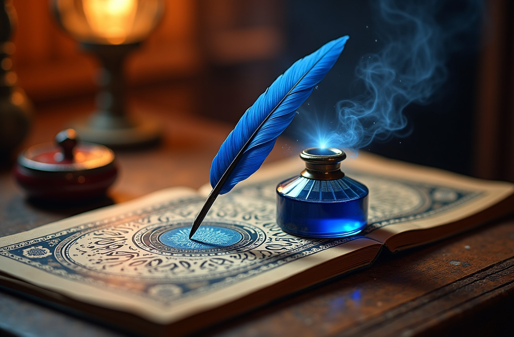 Prompt: (ottoman era) dark blue quill, leaning on inkwell, antique wooden table, intricate Islamic patterns, (magical light) flowing from quill tip, (mystical ambiance), warm golden hues, soft ethereal glow, high detail, mesmerizing contrasts, intricate textures, enchanting atmosphere, (4K quality), rich historical elements.