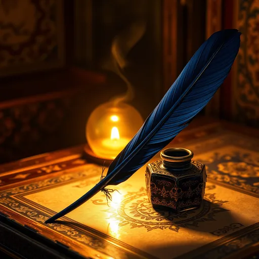 Prompt: (ottoman era) dark blue quill, leaning on inkwell, antique wooden table, intricate Islamic patterns, (magical golden light) flowing from quill tip, (mystical ambiance), warm golden hues, soft ethereal glow, high detail, mesmerizing contrasts, intricate textures, enchanting atmosphere, (4K quality), rich historical elements.