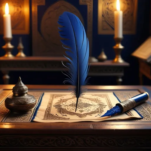 Prompt: (ottoman era) dark blue quill, leaning on inkwell, antique wooden table, intricate Islamic patterns, (magical light) flowing from quill tip, (mystical ambiance), warm golden hues, soft ethereal glow, high detail, mesmerizing contrasts, intricate textures, enchanting atmosphere, (4K quality), rich historical elements.